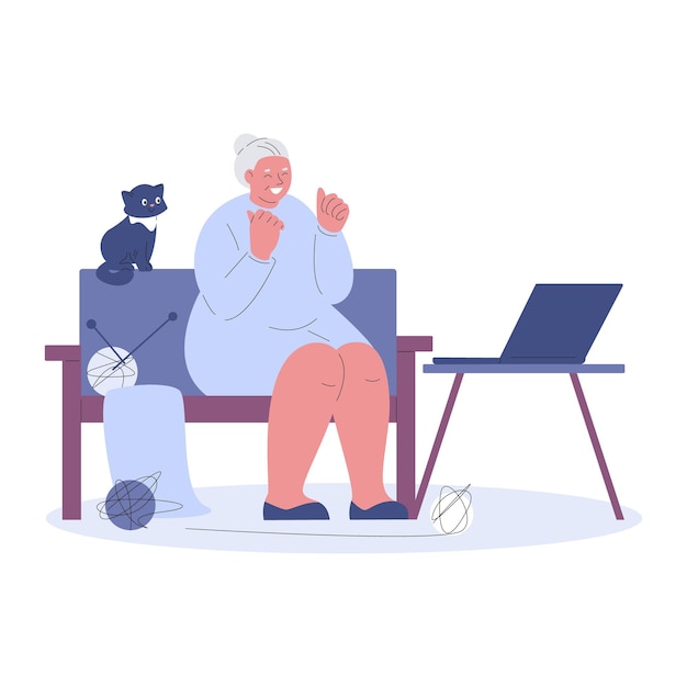 An elderly woman with knitting looks into a laptop. modern
technologies for seniors. vector illustration in flat style.