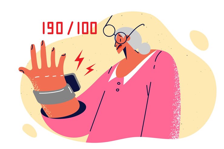 Vector elderly woman with tanometer to measure from blood pressure suffers from cardiovascular diseases
