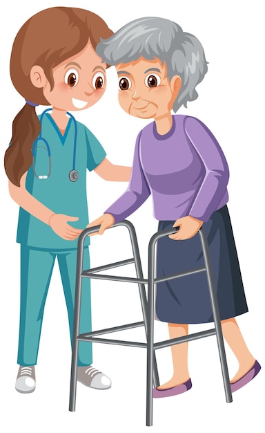 Vector elderly woman with walker and nurse