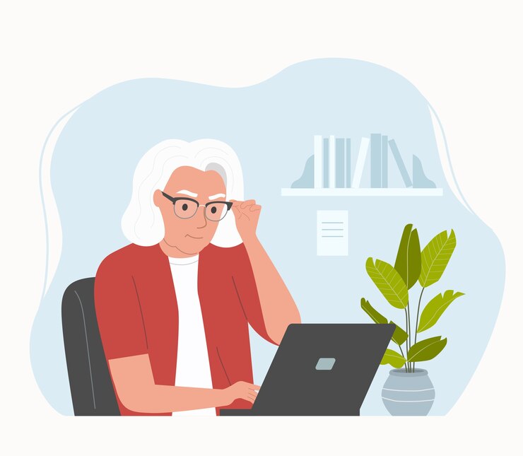Vector elderly woman working at her office.