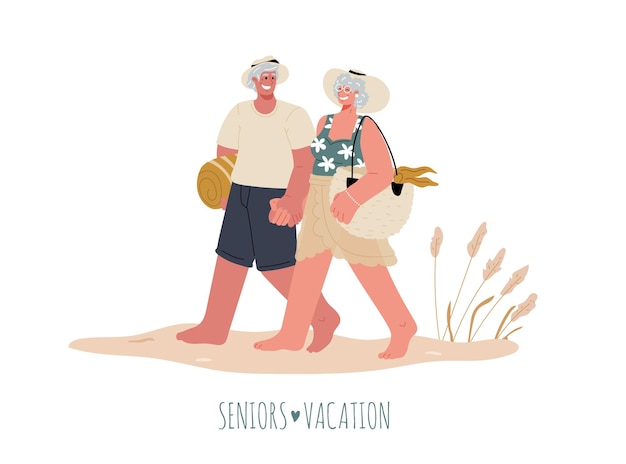 Vector eldery people wearing hand and sunglasses on vacation,ocean,relaxing,together,partnership,active in age.a couple of old people in swimsuits are walking along the beach holding hands.vector ,flat