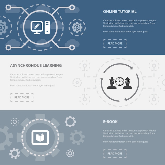 Elearning 3 modelli di banner di pagine web orizzontali con tutorial online concetto di ebook di apprendimento asincrono illustrazione di icone isolate moderne piatte