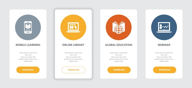 Elearning 4 webpagina banners concept sjabloon met mobiel leren online bibliotheek wereldwijd onderwijs webinar pictogrammen trendy web ui ontwerpconcept