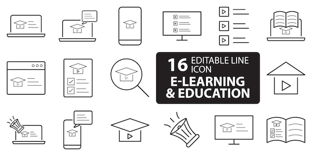 Vector elearning black and white icon set online education elements outline editable icon set thin line