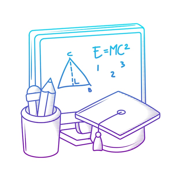 Elearning doodle with gradient outline of computer graduation hat and pencil illustration