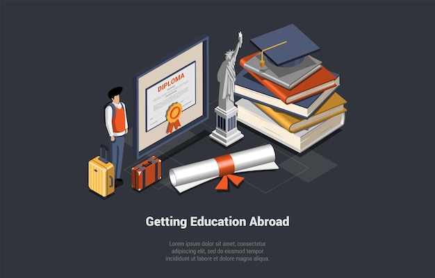 Elearning education abroad programma ragazzo studente con bagaglio vicino enorme diploma in cornice andare al tour linguistico apprendimento lingue scambio programma studente cartone animato isometrico 3d illustrazione vettoriale