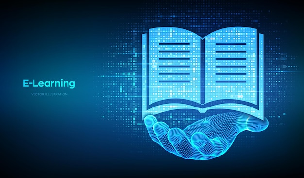 Vector elearning icon made with binary code in wireframe hand online education webinar teaching online