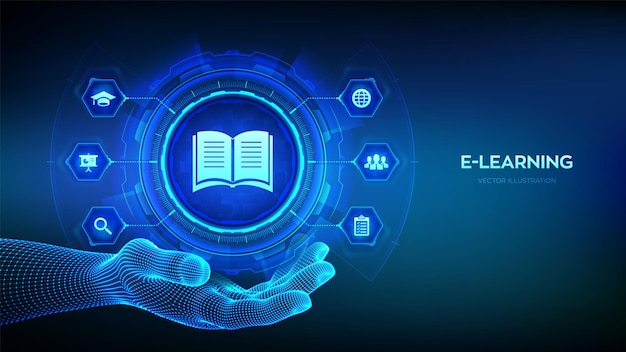 ロボットハンドのeLearningアイコン 革新的なオンライン教育とインターネット技術コンセプト