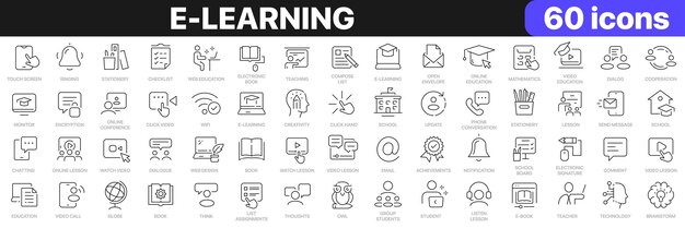 Elearning lijn iconen collectie Onderwijs school kennis online onderwijs iconen Ui icon set Dunne omtrek iconen pack Vector illustratie EPS10