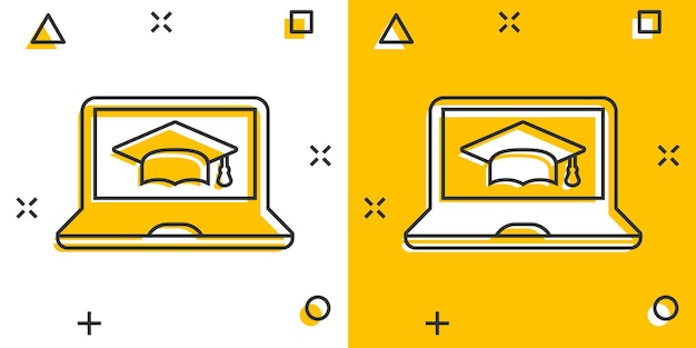 Elearning onderwijs pictogram in komische stijl studie vector cartoon afbeelding pictogram laptop computer online opleiding bedrijfsconcept splash effect