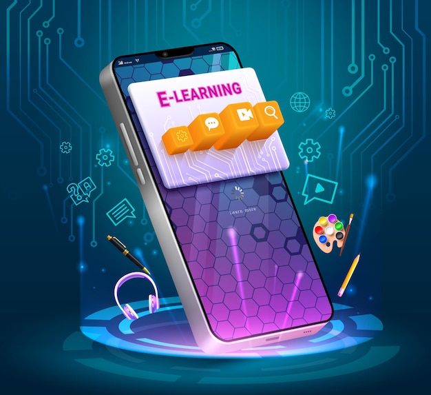 Elearning 학교 벡터 디자인 온라인 학생을 위한 학교 휴대 전화 기술 학습 장치