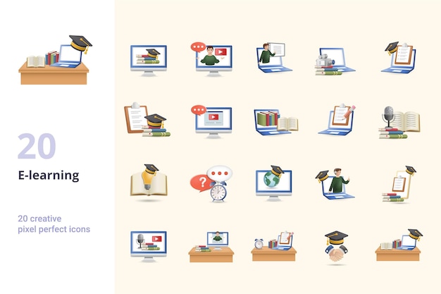 Elearning set creative icons distance learning webinar