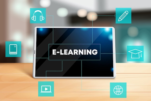 Elearning vector concept design Elearning text in tablet screen device with online technology icon