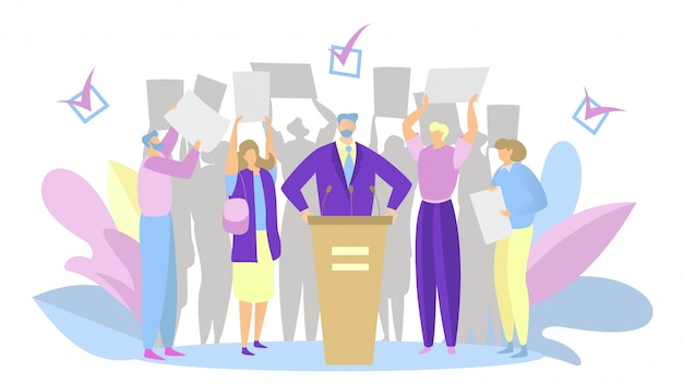 Vector election campaign, party candidate speech, people support political leader,  illustration