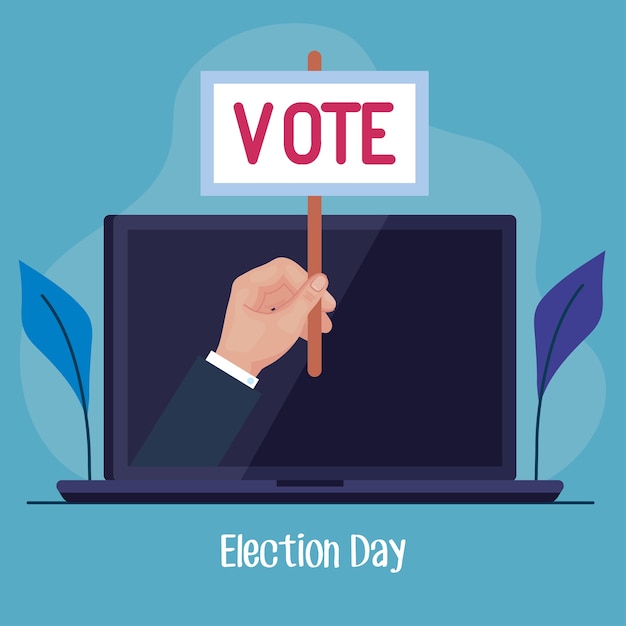 ノートパソコンのデザイン、大統領政府、キャンペーンのテーマに関する投票プラカードを持っている選挙日の手
