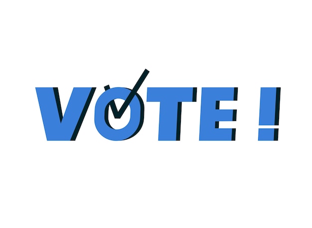 ベクトル 選挙日。チェックマーク記号が入った単語に投票します。政治選挙キャンペーン。青いロゴ