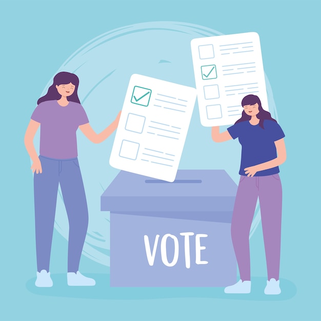 Election day, young women with ballots and cardboard box voting vector illustration