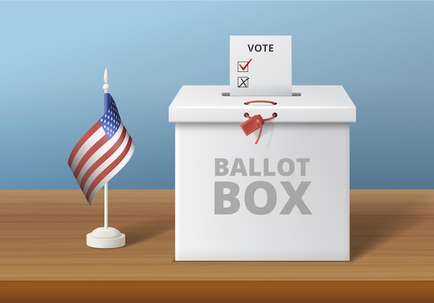 Vector elections voting realistic composition with view of paper ballot box and american flag on wooden desk vector illustration