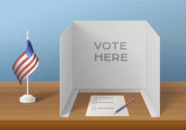 Vettore elezioni che votano composizione realistica con vista sul tavolo di legno con carta elettorale bandiera usa e penna illustrazione vettoriale