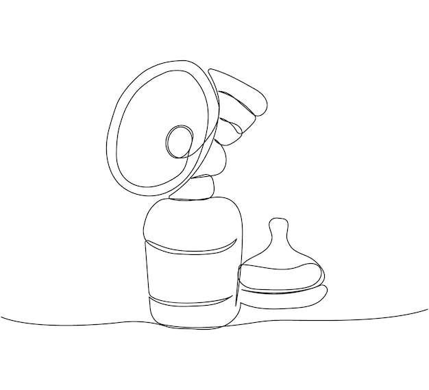 Electric breast pump with pacifier one line art Continuous line drawing of milk feeding baby