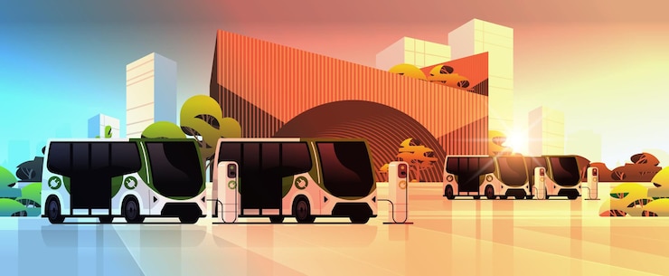Vector electric buses charging battery vehicles at recharging power station charger ev management sustainable transport concept cityscape background horizontal vector illustration