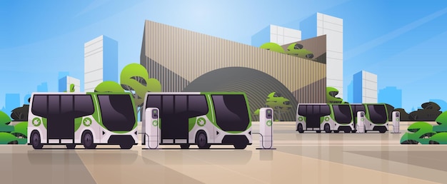 Vector electric buses charging parking at the charger station with a plug in cable electrified transportation e-motion ev management