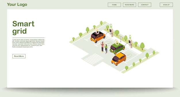 Electric car charge station webpage  template with isometric illustration