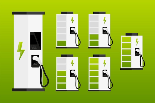 Caricabatteria per auto elettrica presso la stazione di ricarica livello di carica della batteria elettromobilità eco concetto di emozione di trasporto futuro illustrazione vettoriale