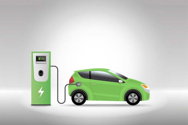 Vector electric car charging at charger service station with grey background