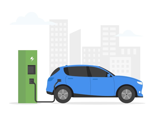 Vector electric car charging at the charger station electromobility emotion concept