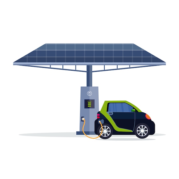 Electric car charging on electrical charge station with solar panel renewable eco technologies clean transport environment care concept