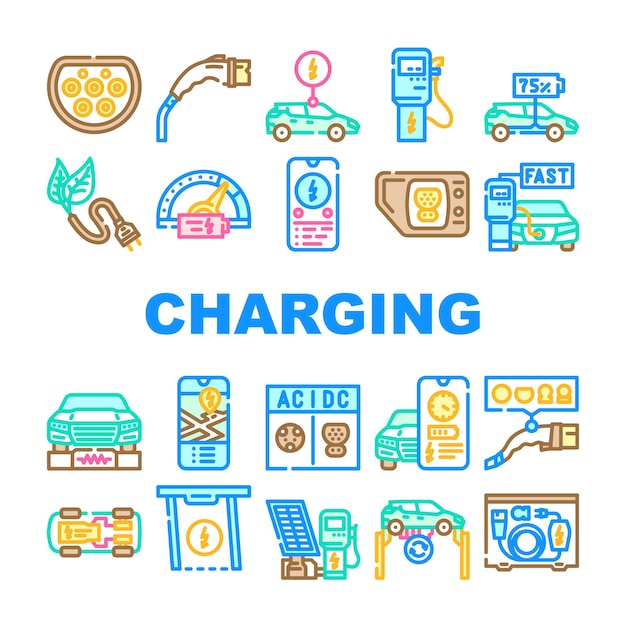 electric car charging icons set vector station energy vehicle auto battery green recharge power hybrid transport electric car charging color line illustrations