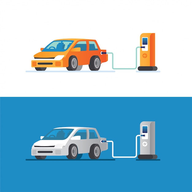 Electric car charging its battery with natural landscape, concept illustration for green environment, ecology, sustainability, clean air, future. illustration in flat style.