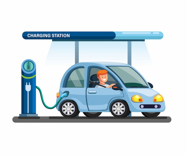 Electric Car Charging Station building illustration concept in flat cartoon 