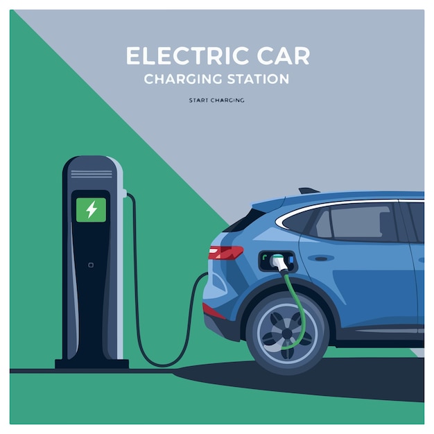 電気自動車の充電ステーションのウェブサイト バナーやランディングページのコンセプト サイドビュー 電気自動車
