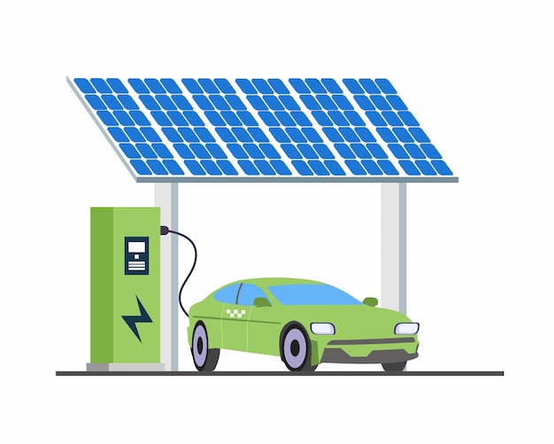 Electric car on charging station with solar panels alternative energy concept