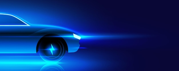 electric car concept vector illustration blue glowing cars front side on a dark blue background