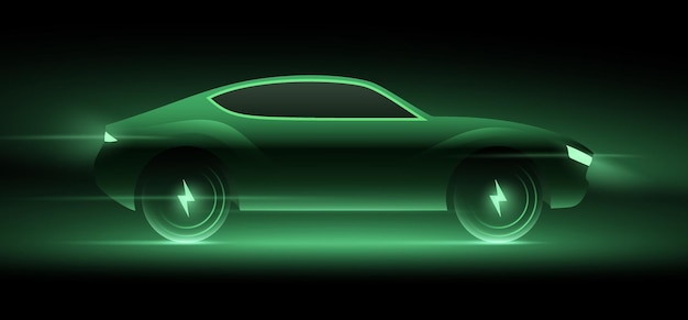 Illustrazione vettoriale del concetto di auto elettrica auto verde brillante che corre ad alta velocità nella notte buia