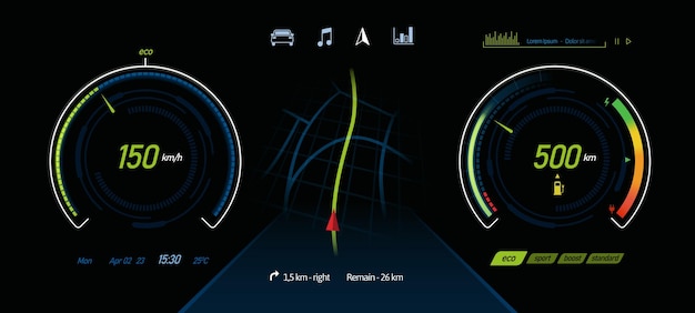 Electric car dashboard EV auto ui with various indicators pictogram icons and gauges for cars running on electric power vector illustration template