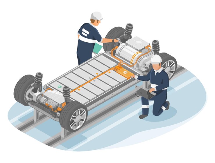 Vector electric car engineer production ev car assembly industry plant manufacturing lithium battery li ion