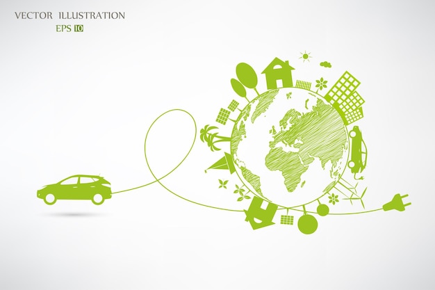 Electric car environmentally friendly world illustration of ecology the concept of infographics