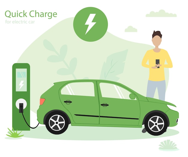 Electric car flat infographic elements Man charging Electric car on charging station