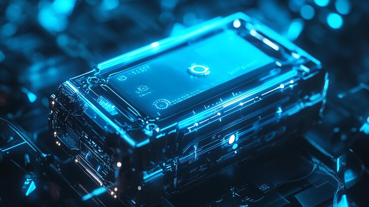 Vector an electric car lithium battery pack is illustrated with power connections showcasing the core of modern automotive technology in a vibrant blue tone