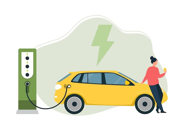 Electric car near charging station. Renewable energy concept. Vector illustration.