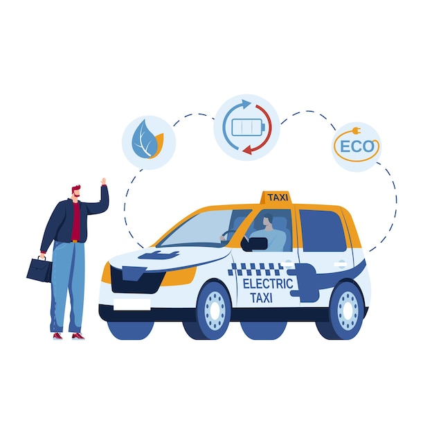 Vector electric car taxi city transportation service vector illustration man character look for vehicle transport urban autonomous technology