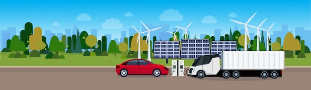 Vector electric car and truck charging at station from wind trurbines and solar panel batteries eco friendle vechicle concept