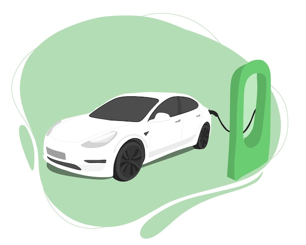 Electric car. A white electric car is connected to a power station charger. Battery.