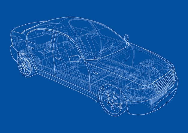 ベクトル シャーシ付き電気自動車。バッテリー、サスペンション、ホイールドライブ。 3dのレンダリング。ワイヤーフレームスタイル