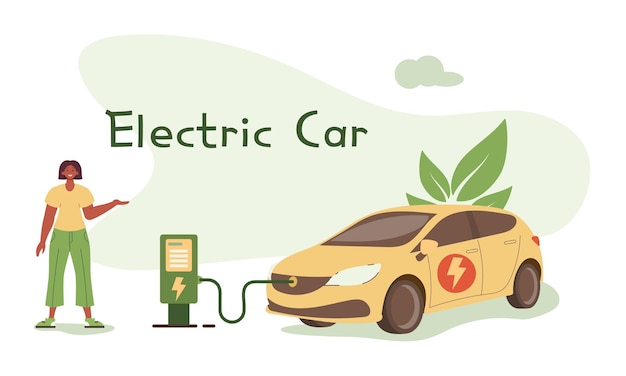 Electric car with a person, a charging station. Green energy concept. Environmental care.