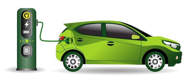 Vector electric car with plug icon symbol green hybrid vehicles charging point logotype eco car concept